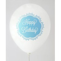 White Pastel Blue Happy Birthday 1 Side Printed Balloons